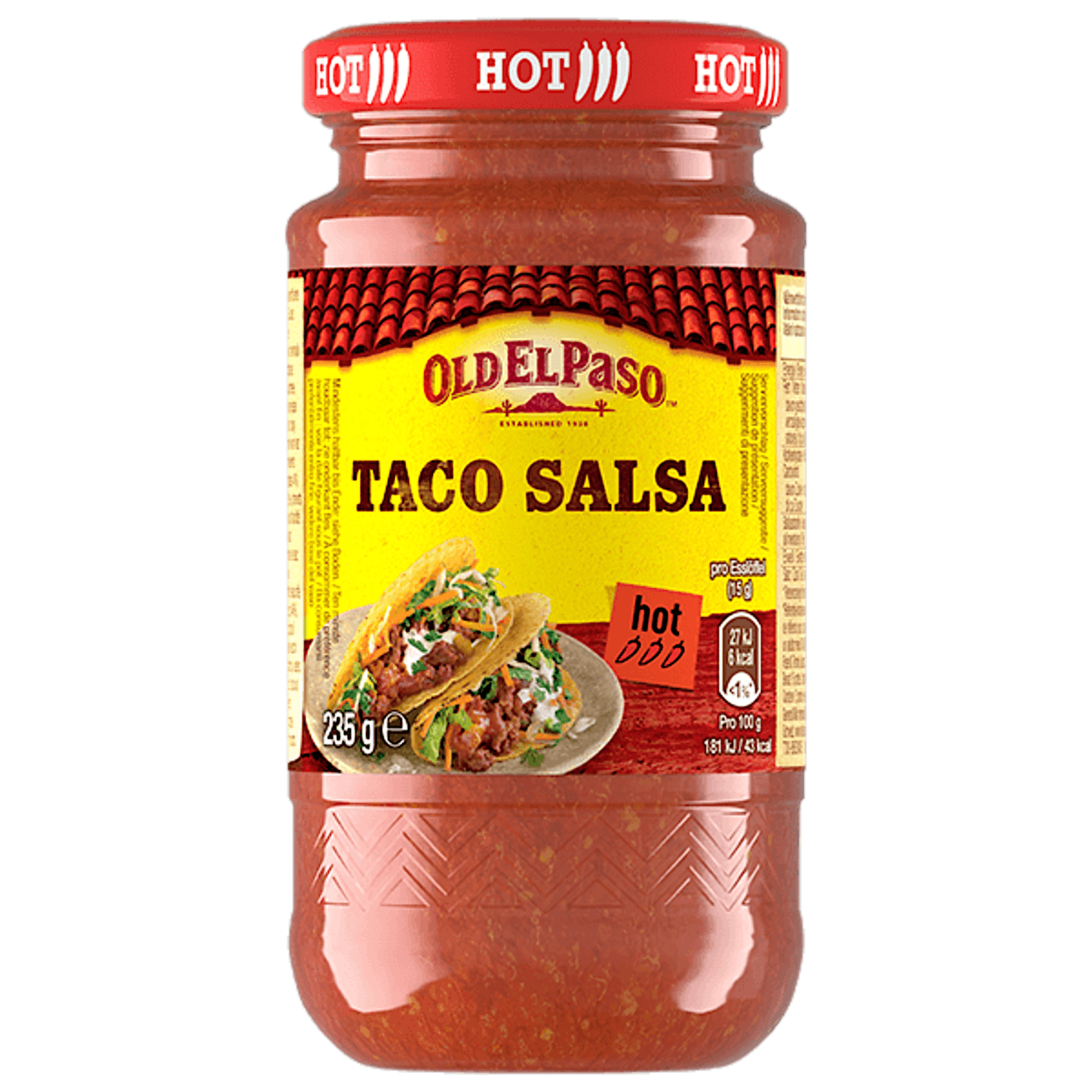 un pot en verre de Old El Paso Sauce salsa épicée pour tacos, 235g